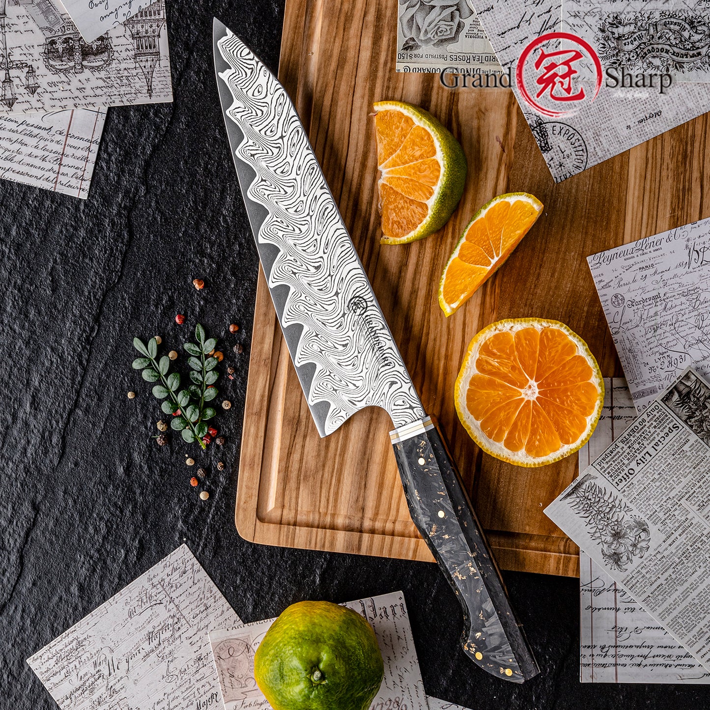 Grandsharp 8 Inch Kiritsuke Chef Knife Premium Damascus 67 Layers Carbon Fiber Resin Handle
