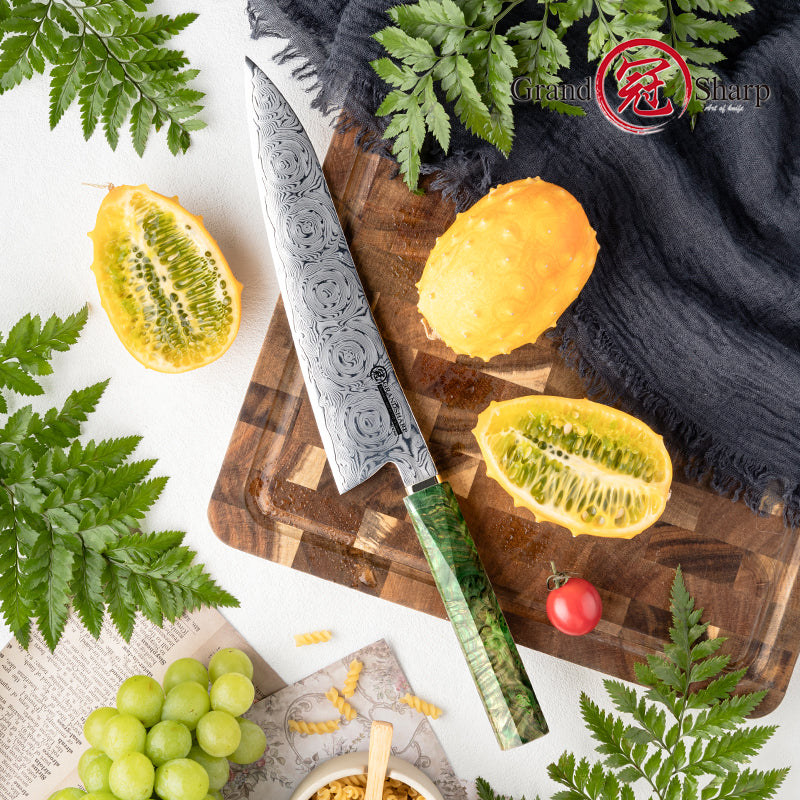 Grandsharp 8.5'' Damascus Kitchen Chef Knife with Solidified Wood and Copper Bolster Handle