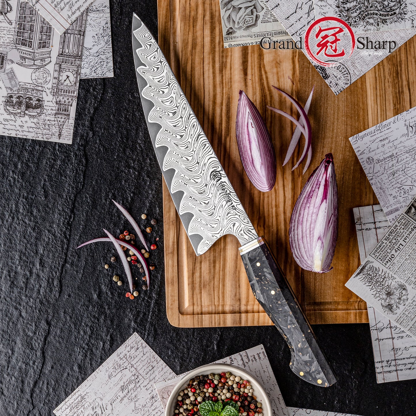 Grandsharp Premium 8 Inch Chef Knife 67 Layers Damascus Steel Carbon Fiber Gold-foil Resin Handle