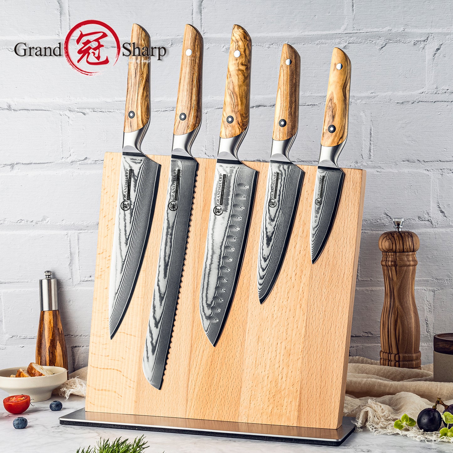Grandsharp Premium Chef Knife Set 6 Pcs 67 Layers Damascus Steel Chef Kitchen Knives Sharpening Rod Sets with Olive Wood Handle