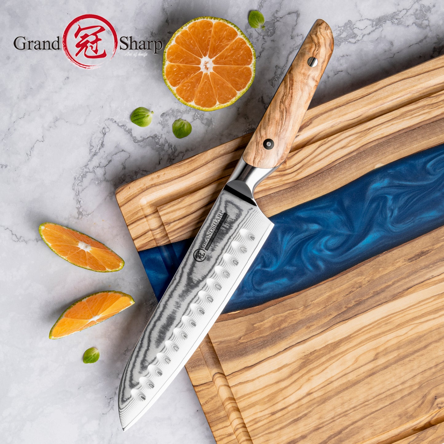 Grand Sharp Kitchen Santoku Knife Premium 67 Layers Damascus Steel Kitchen Cutting Knife with Olive Wood Handle