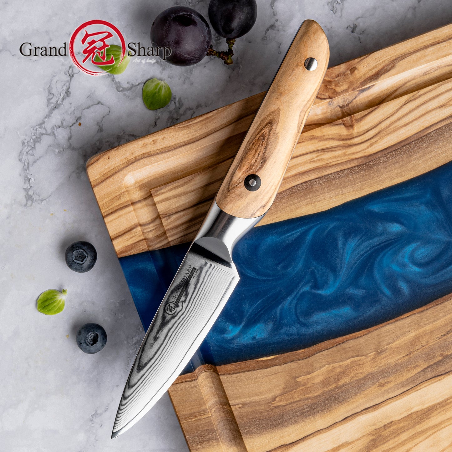 Grandsharp 3.5 Inch Japanese 67 Layers Damascus Steel Kitchen Paring Knife Small Fruit Cutting Paring Knife Olive Wood Handle