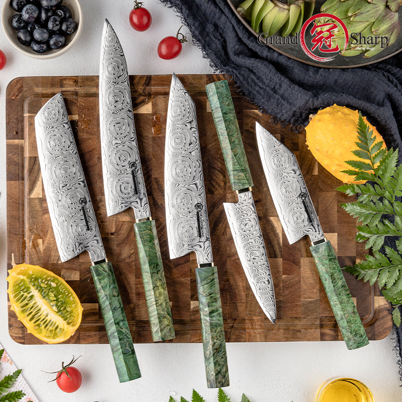 Grandsharp 67 Layers Damascus Kitchen Chef Knife Set with Green Solidified Wood Handle