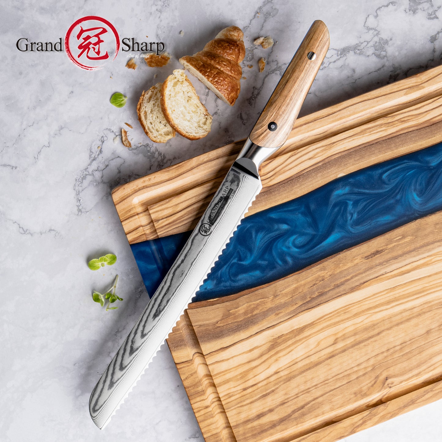 Grandsharp 10 Inch Bread Chef Knife 67 Layers Damascus Steel Kitchen Bread Knife Cutting Bread Knife with Olive Wood Handle