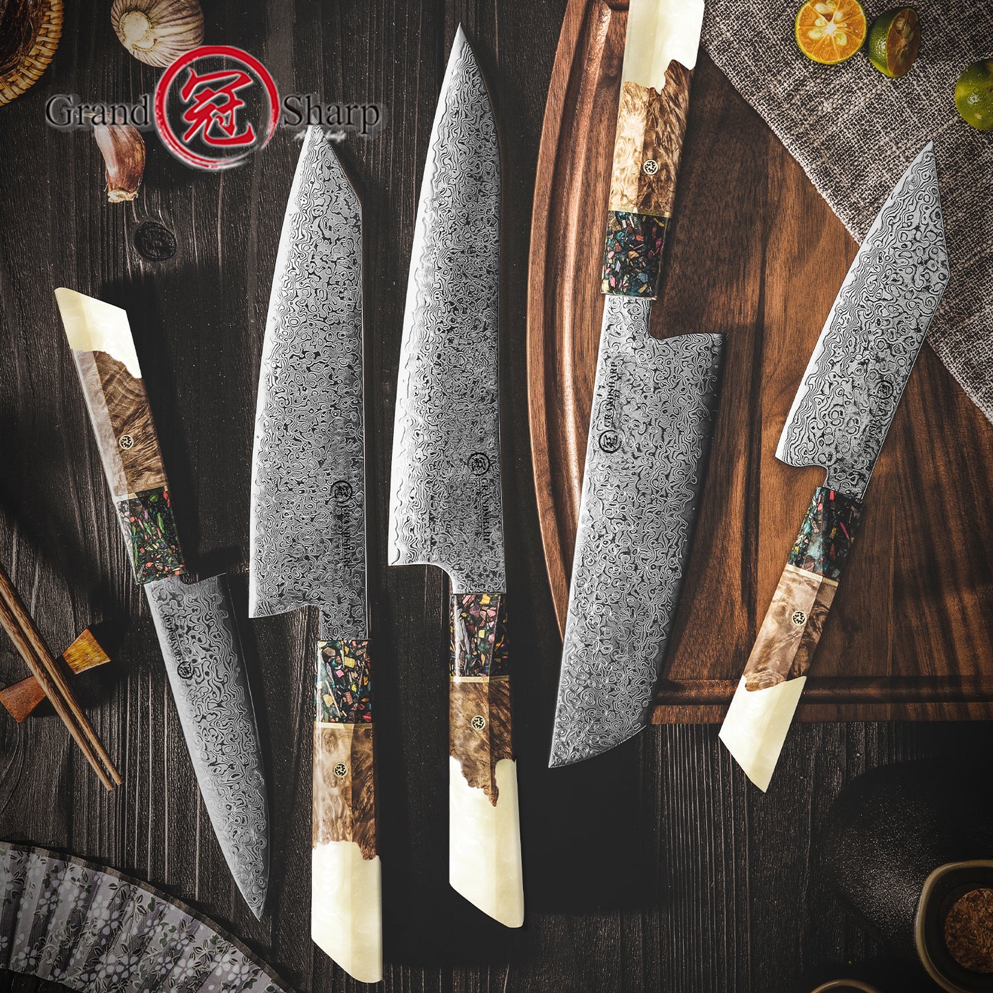 Grandsharp White Resin Handle Kiritsuke 67 Layers Real Damascus Chef Paring Utility Knife Multifunctional Kitchen Knives Set