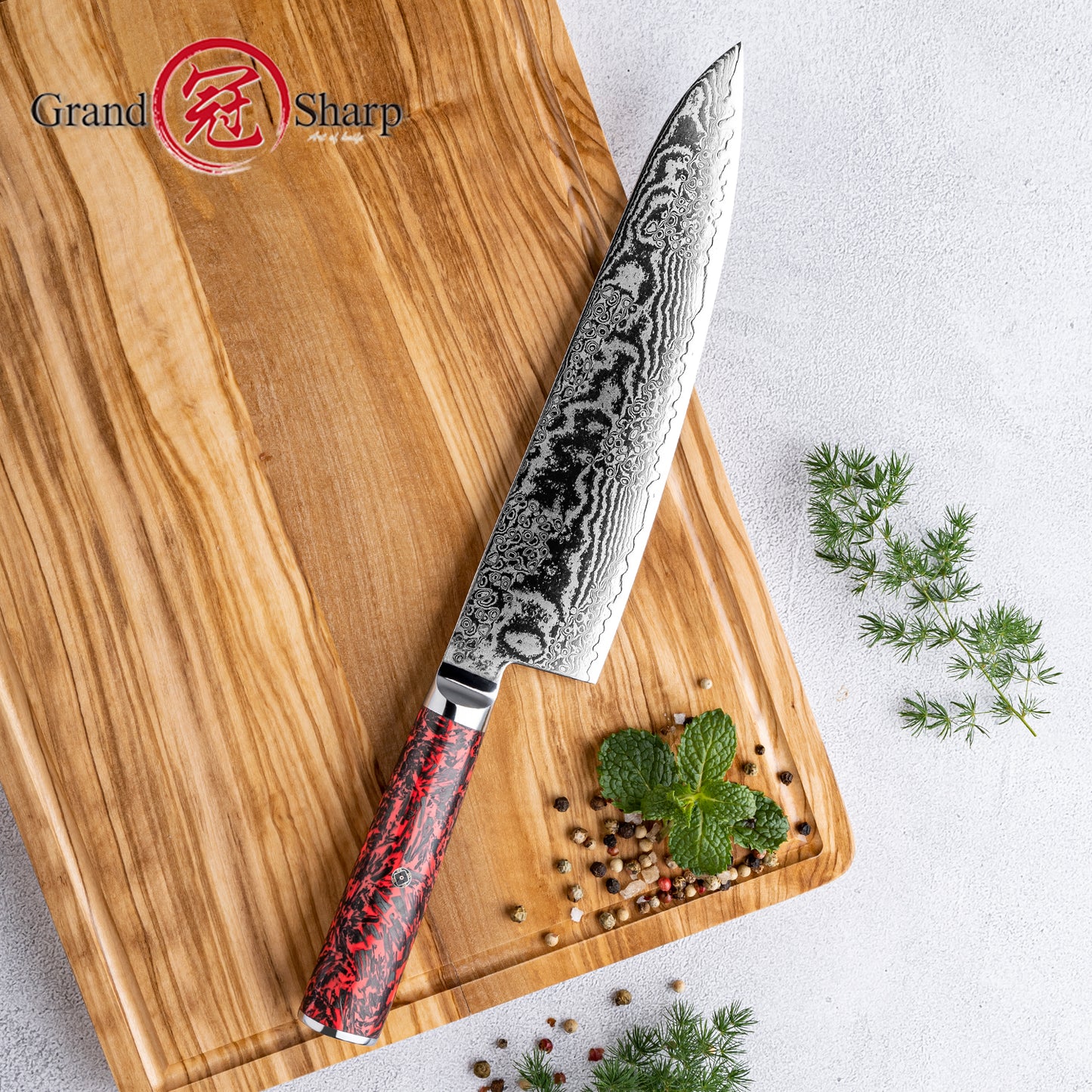 Grandsharp 8.5'' Damascus S35VN Steel Kitchen Chef Knife Carbon Fiber Red Risen Handle