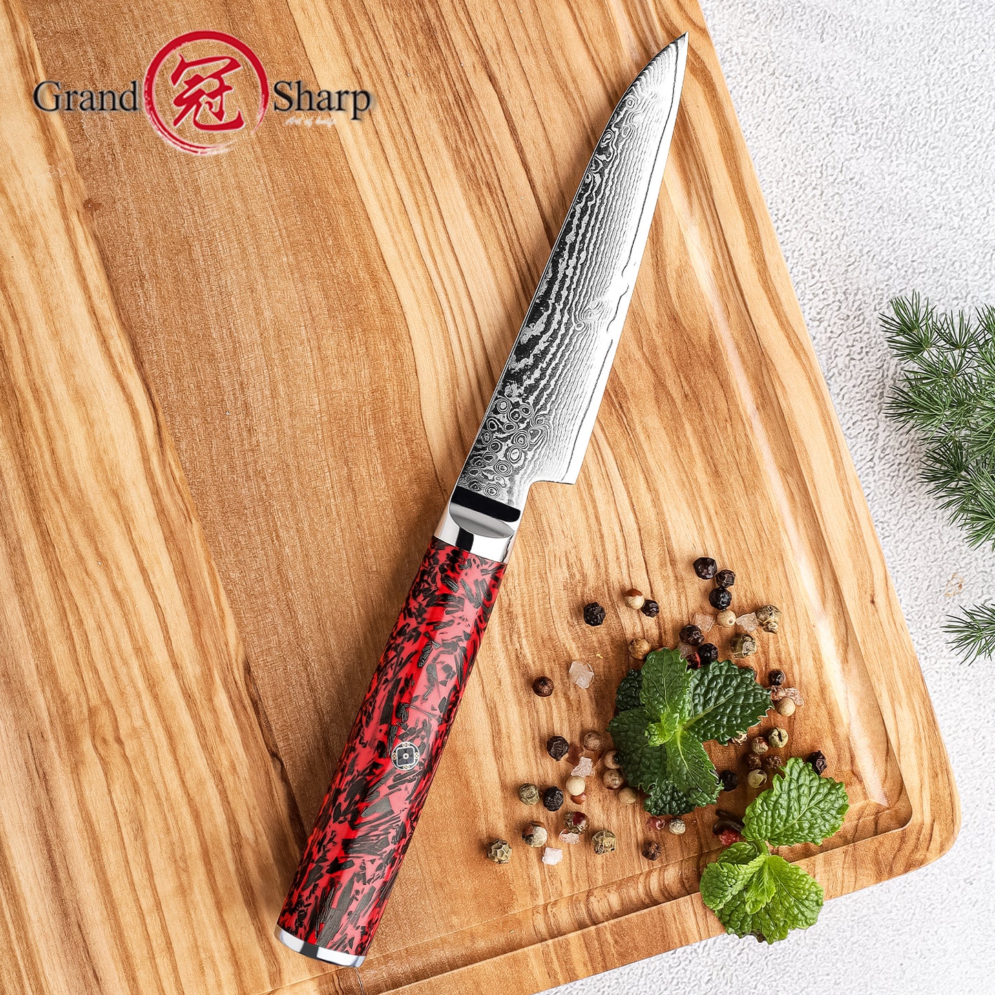 Grandsharp 4 Inch Japanese Damascus 67 Layers S35VN Steel Paring Knife Little Kitchen Paring Knife Carbon Fiber Red Risen Handle