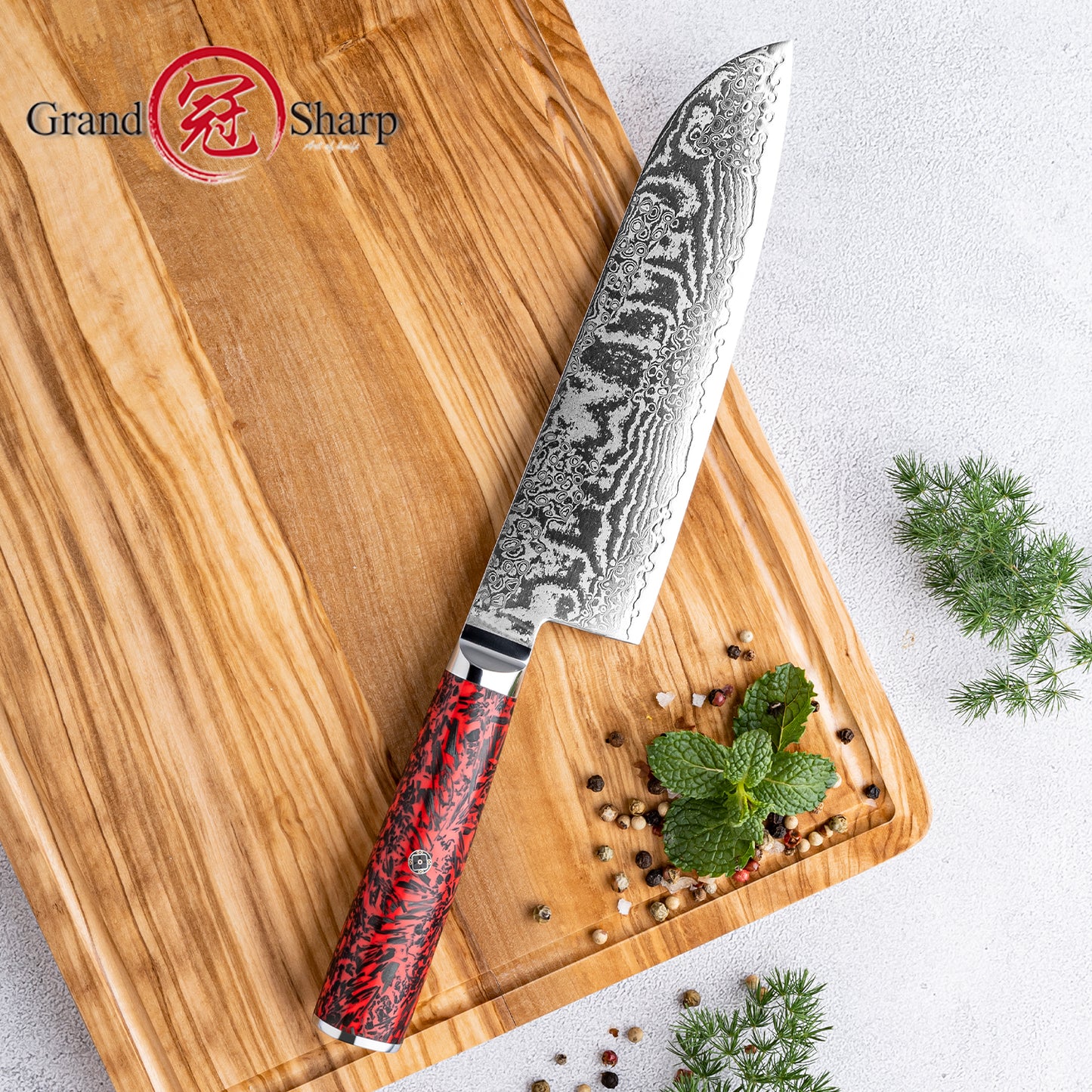 Grandsharp 7'' Santoku Knife 67 Layers S35VN Damascus Steel Carbon Fiber Red Risen Handle