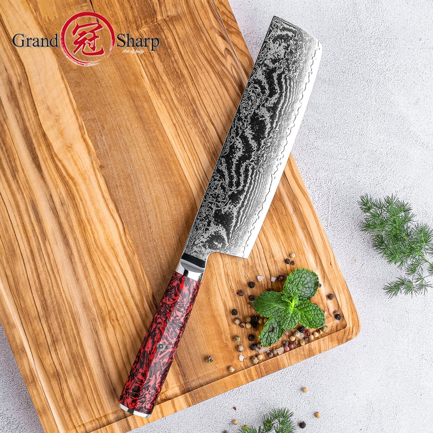 Grandsharp Custom 67 Layers S35VN Damascus Nakiri Knife Carbon Fiber and Red Risen Handle