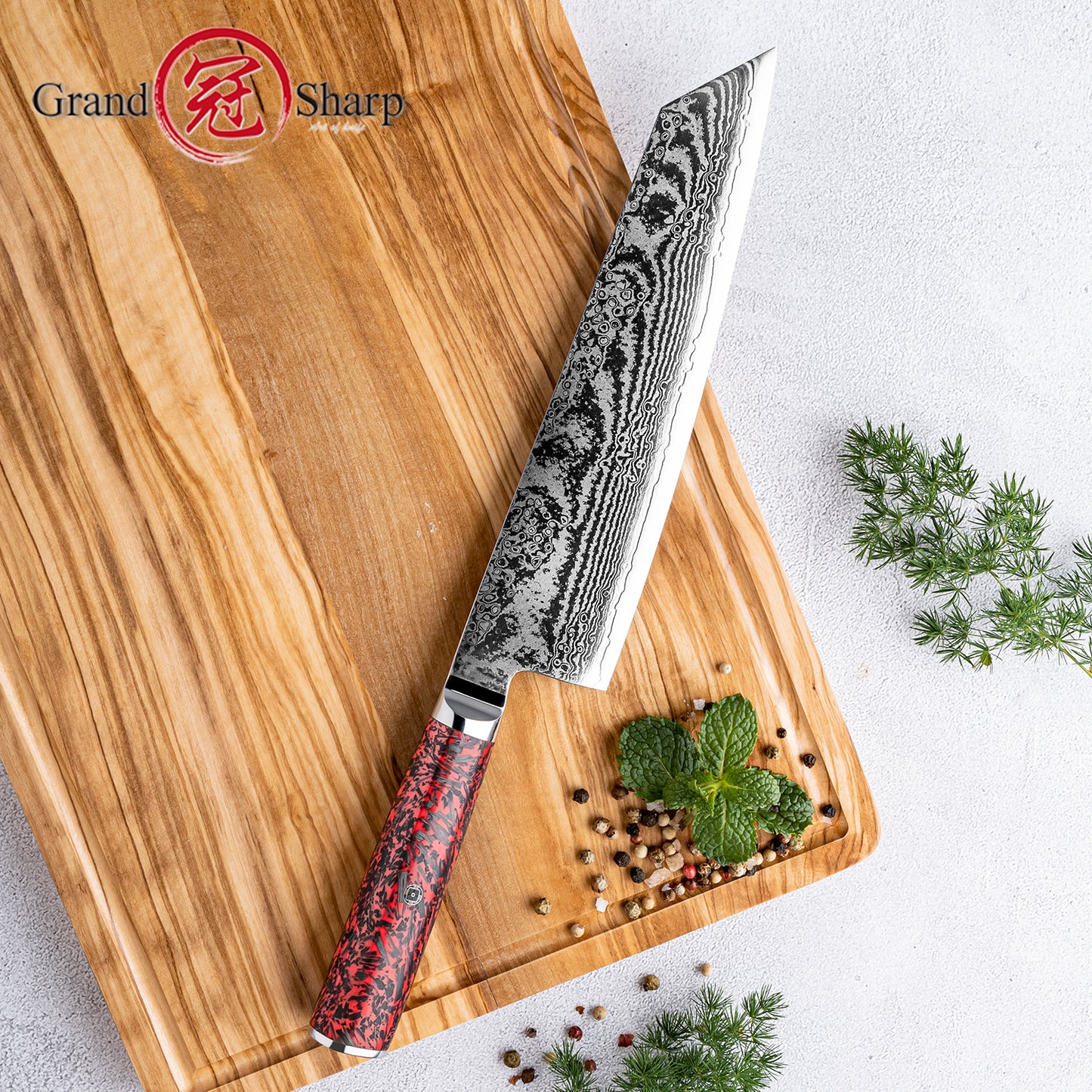 Grandsharp 67 Layers S35VN Damascus Steel Kiritsuke Knife Carbon Fiber Red Risen Handle