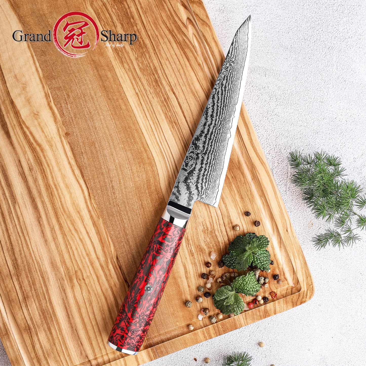 Grandsharp 67 Layers Damascus S35VN Steel Multifunction 6" Utility Knives Carbon Fiber Red Risen Handle