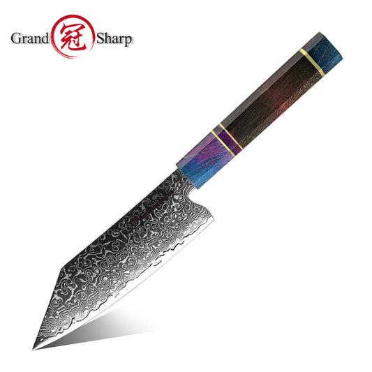 Grandsharp 10Cr15CoMoV Damascus 5.5inch Bunka Knife with Octagonal Wood Handle