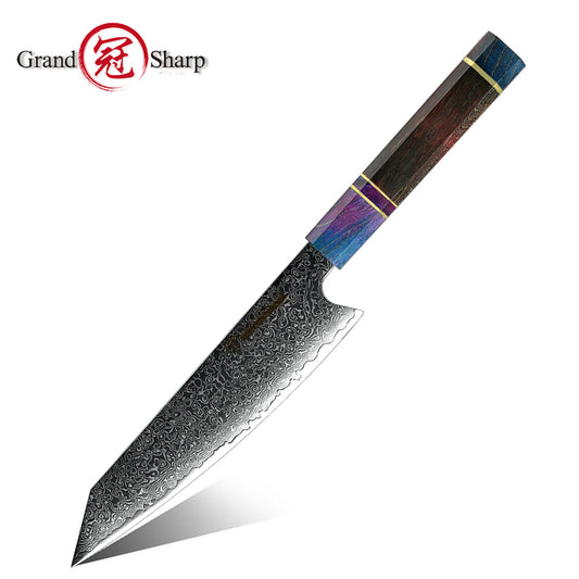 Grandsharp 10Cr15CoMoV Damascus 8inch Kiritsuke Knife with Octagonal Wood Handle