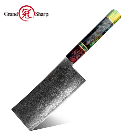 Grandsharp 10Cr15CoMoV Damascus 6.5inch Cleaver Knife with Octagonal Wood Handle