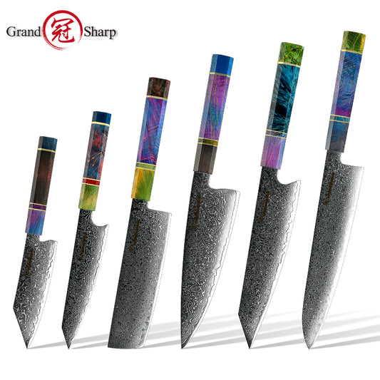 Grandsharp 10Cr15CoMoV Damascus Kitchen Knife Collection with Octagonal Wood Handle
