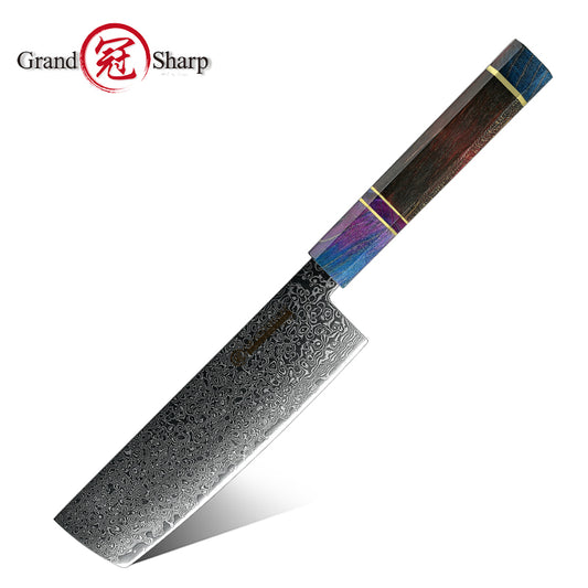 Grandsharp 10Cr15CoMoV Damascus 7inch Nakiri Knife with Octagonal Wood Handle