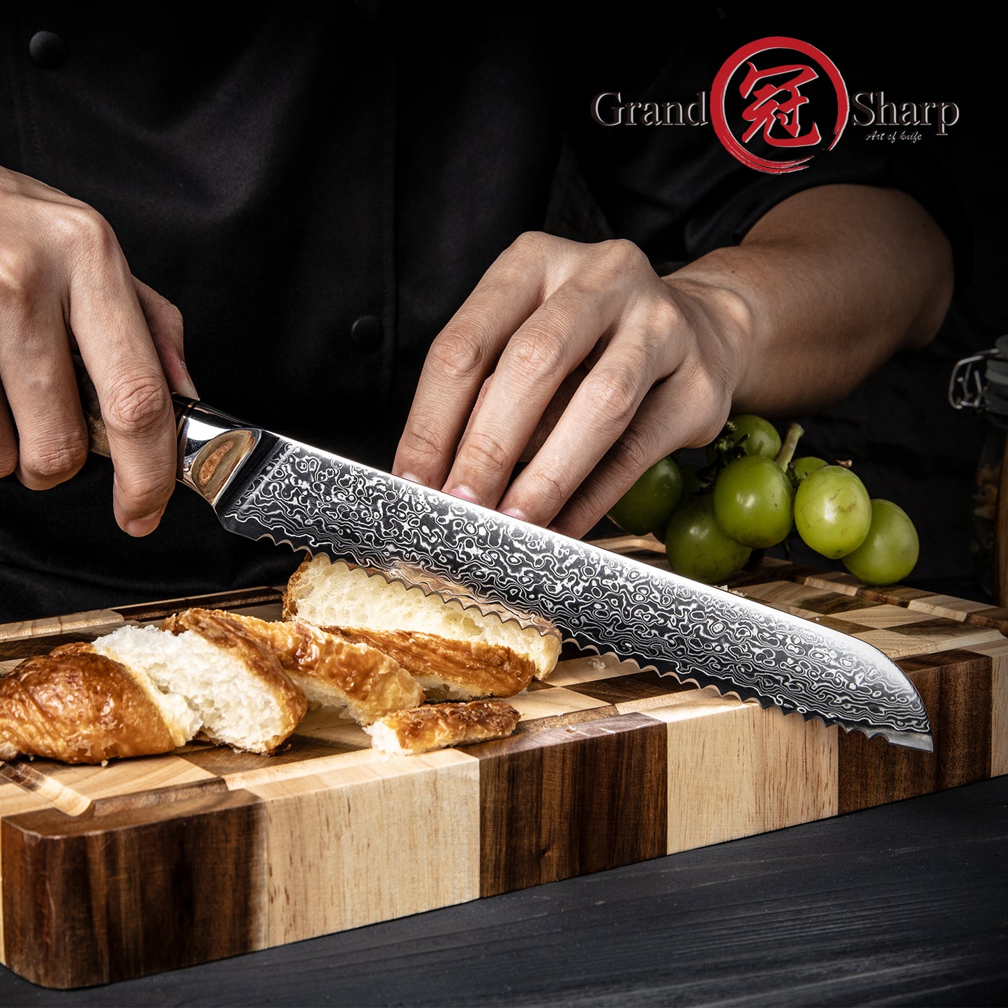 Grandsharp Damascus Steel 8.5 Inch Kitchen Bread Knife White Resin & Solidified Wood Handle