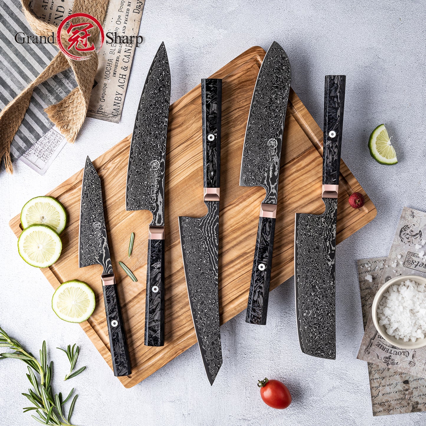 Grandsharp Kitchen Black Chef Knife Set Japanese 67 Layers Damascus Steel Kiritsuke Nakiri Bunka Knives Sets Carbon Fiber Handle