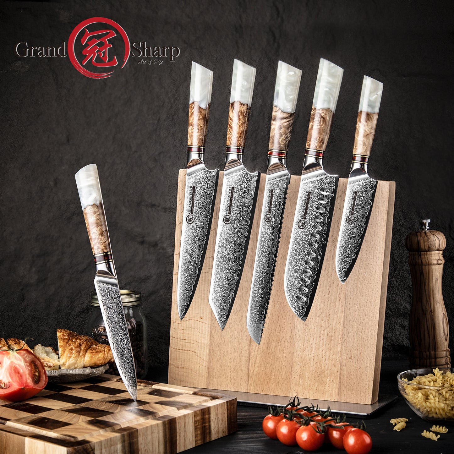 Grandsharp 6 Pcs Damascus Steel Chef Knife Sets with White Resin & Solidified Wood Handle