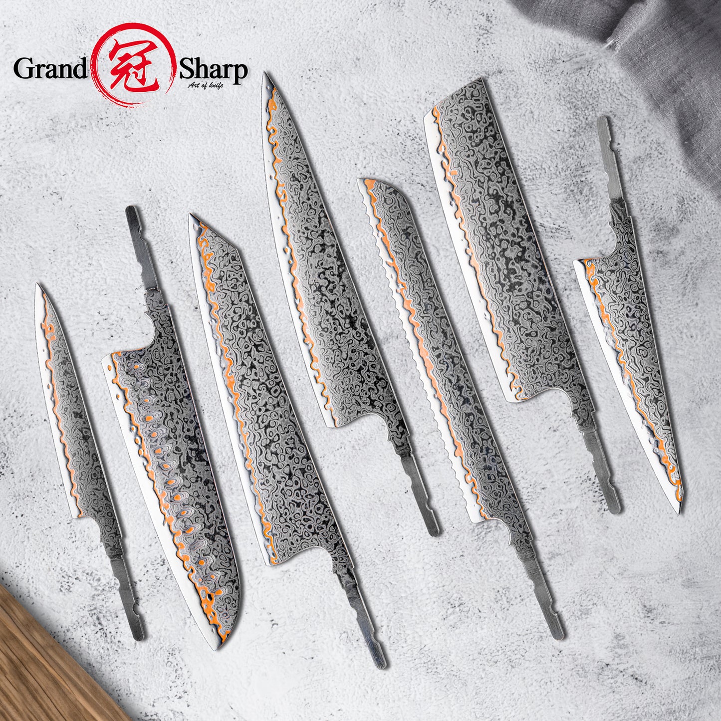 Grandsharp DIY Blank Knife Blade 55 Layers Copper Damascus Steel Kitchen Chef Knife Blade Set No Handle Knives Blank Blade