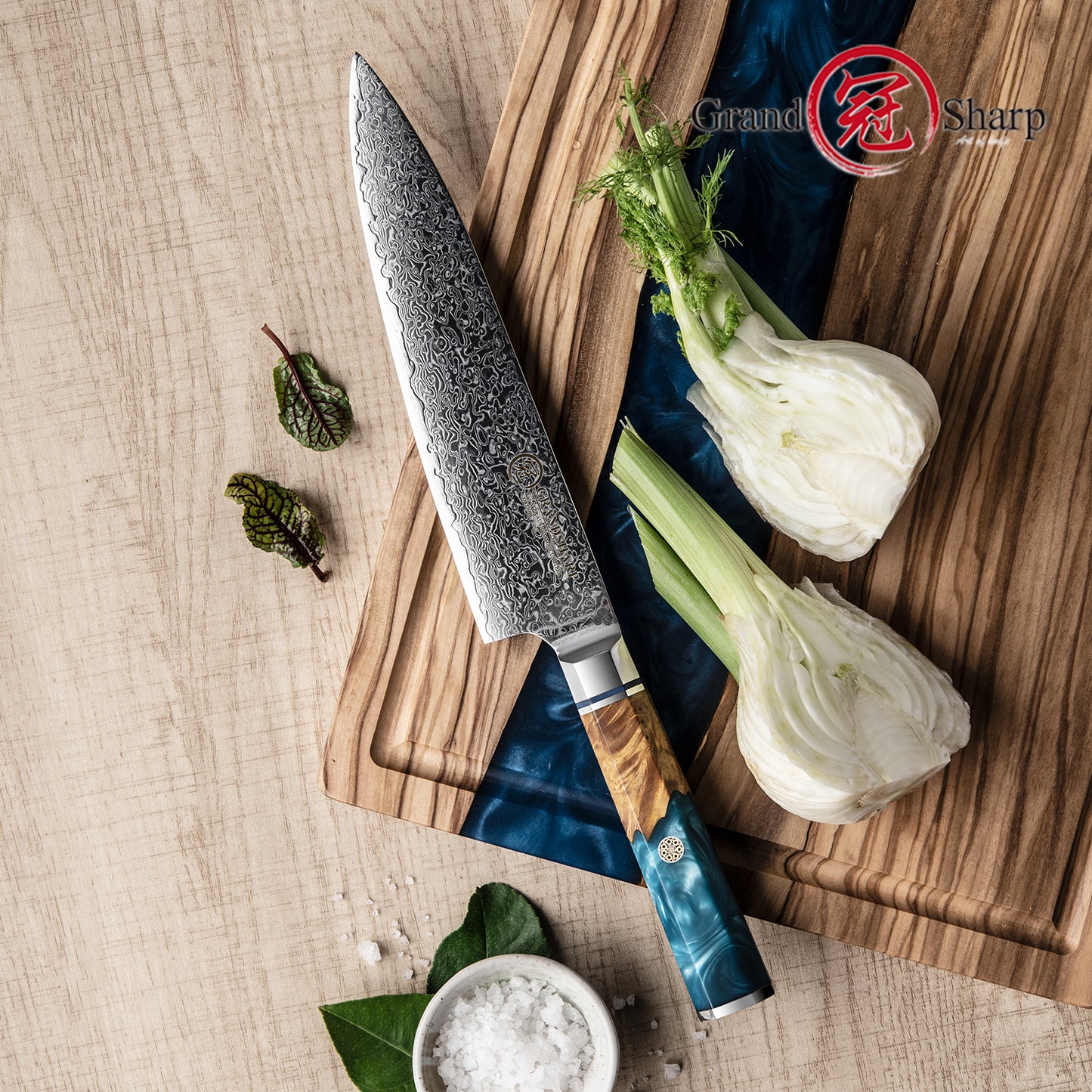 Grandsharp 8" 10cr15mov 67 Layers Damascus Kitchen Knife Chef Knife With Octagonal Resin and Solidified Wood Handle