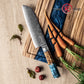 Grandsharp 7 Inch 10CR15MOV Damascus Steel Kitchen Chef Santoku Knife Cutting with Blue Resin & Solidified Wood Handle