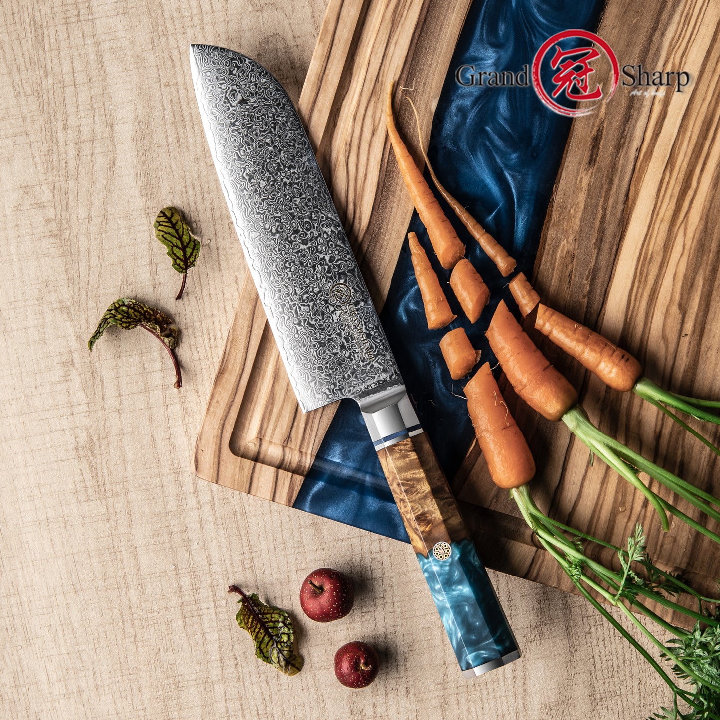 Grandsharp 7 Inch 10CR15MOV Damascus Steel Kitchen Chef Santoku Knife Cutting with Blue Resin & Solidified Wood Handle