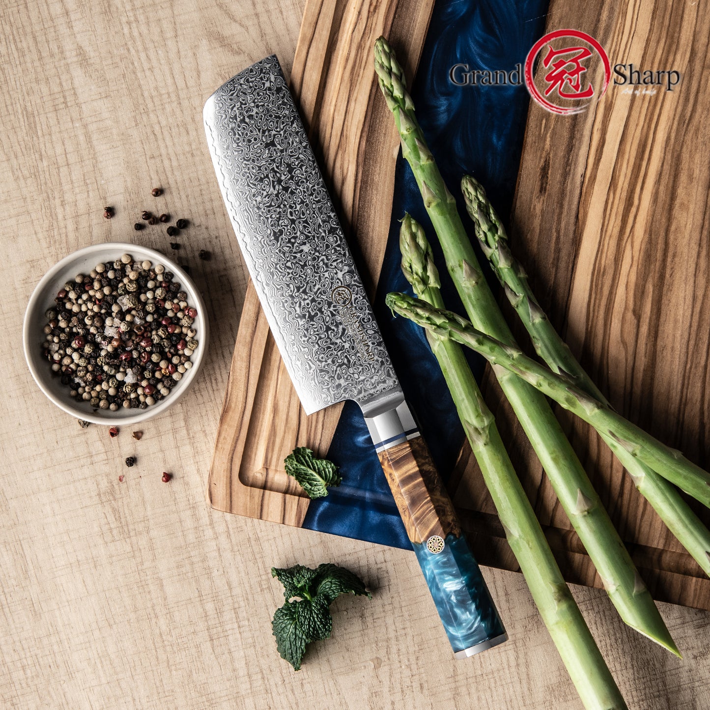 7'' Nakiri Knives High Carbon Blue Resin Handle Vegetable Cutter Chef Kitchen 10CR15MOV Damascus Steel Nakiri Knife