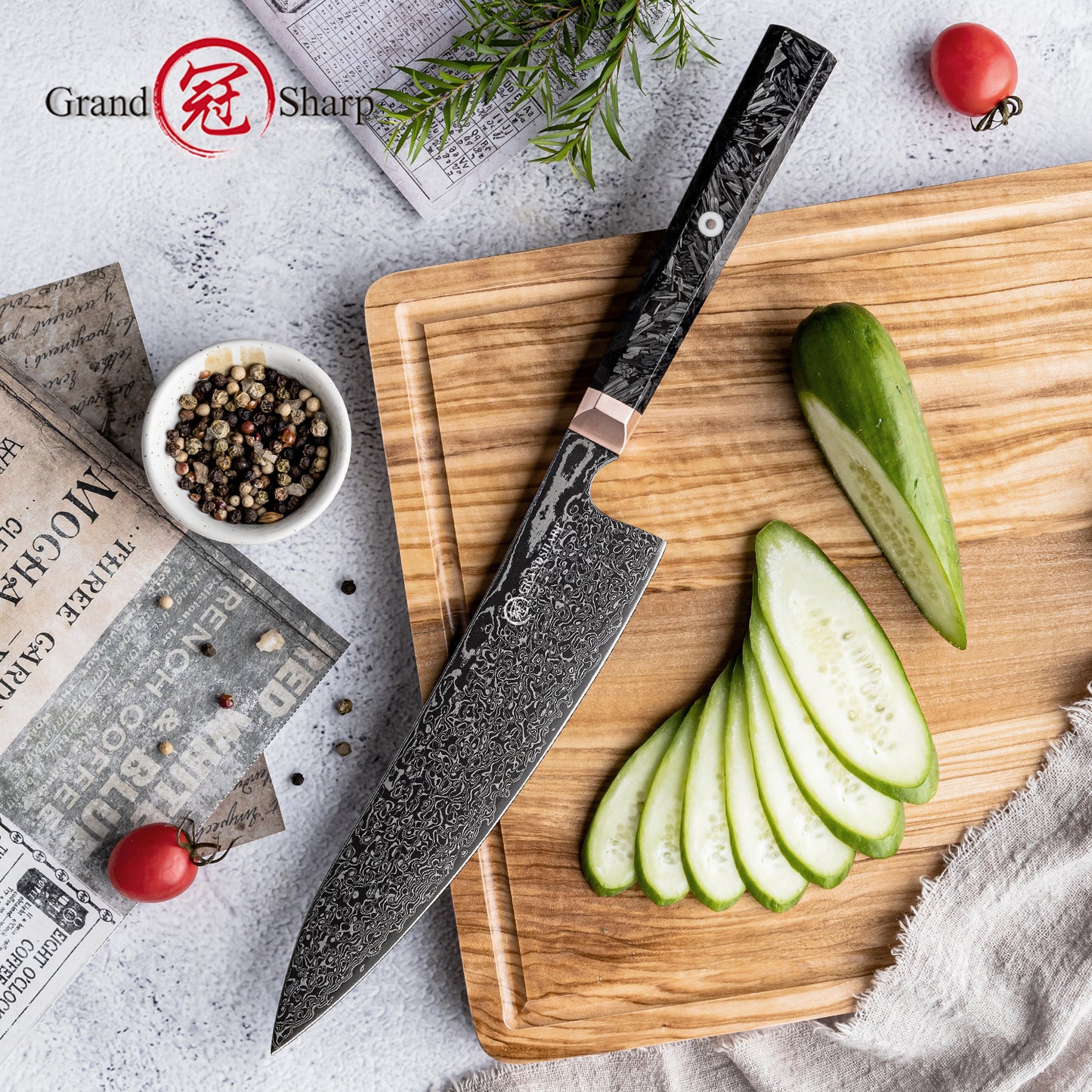 Grandsharp 8'' Kitchen Chef Knife 67 Layers Japanese Damascus Steel Black Chef Kitchen Knives with Black Carbon Fiber Handle