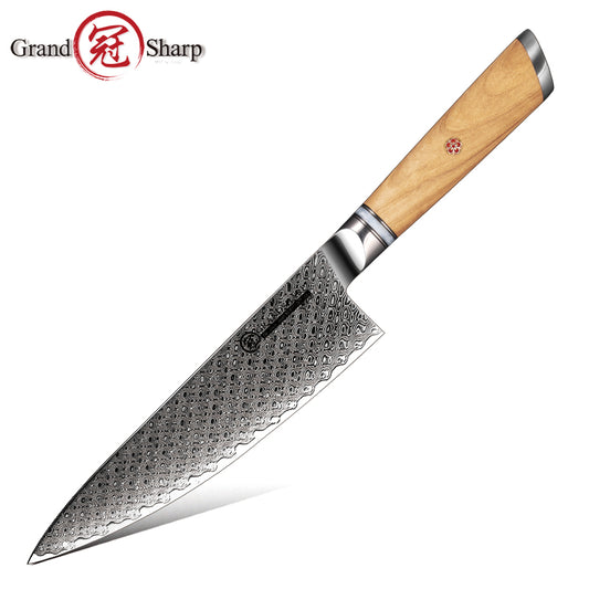 Grandsharp Custom Olive Wood Handle Damascus Chef Knife