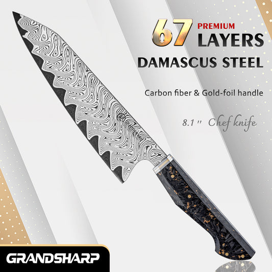 Grandsharp 8 Inch Kiritsuke Chef Knife Premium Damascus 67 Layers Carbon Fiber Resin Handle
