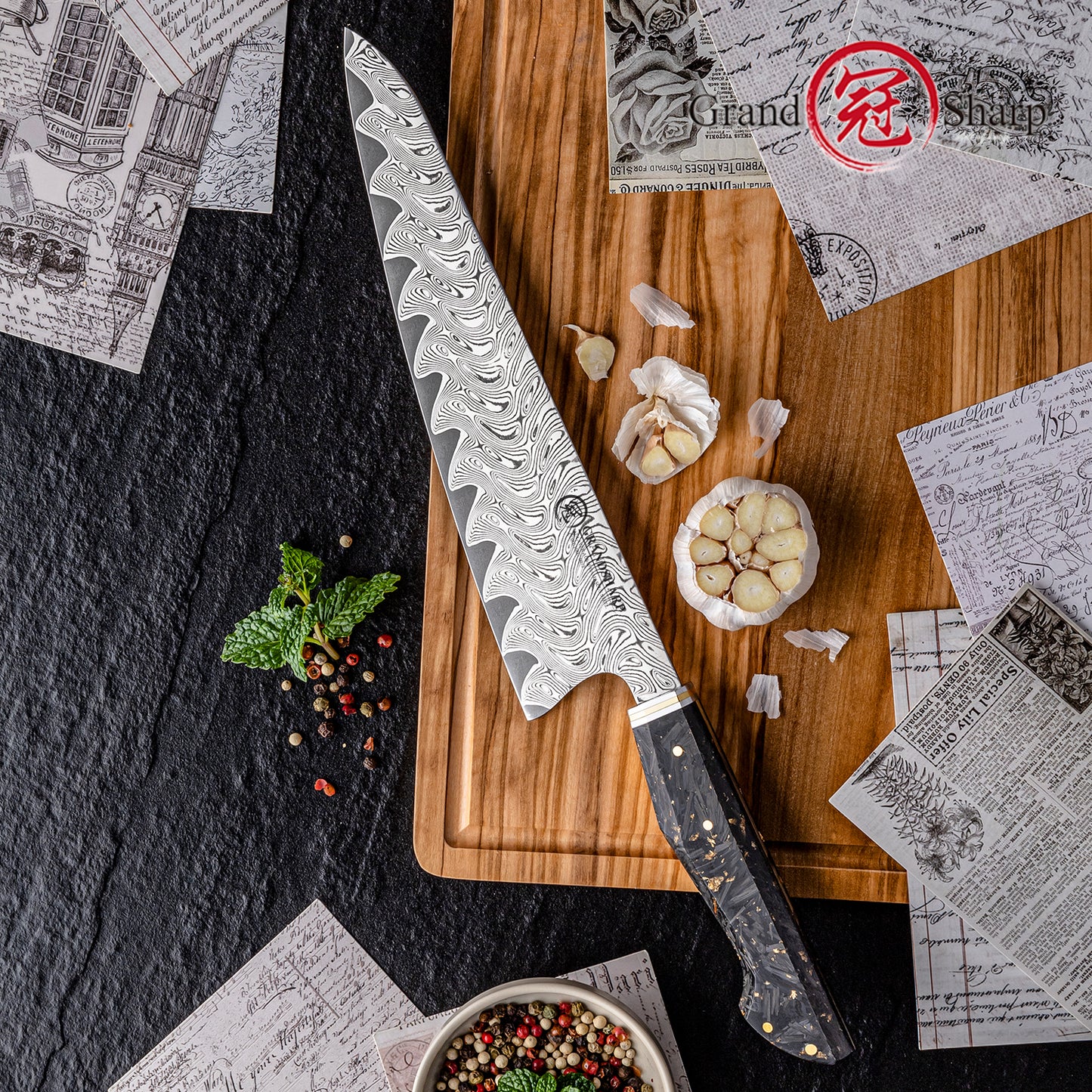 Grandsharp 9.5 Inch Damascus Steel Chef Knife with Carbon Fiber and Gold-foil Resin Handle