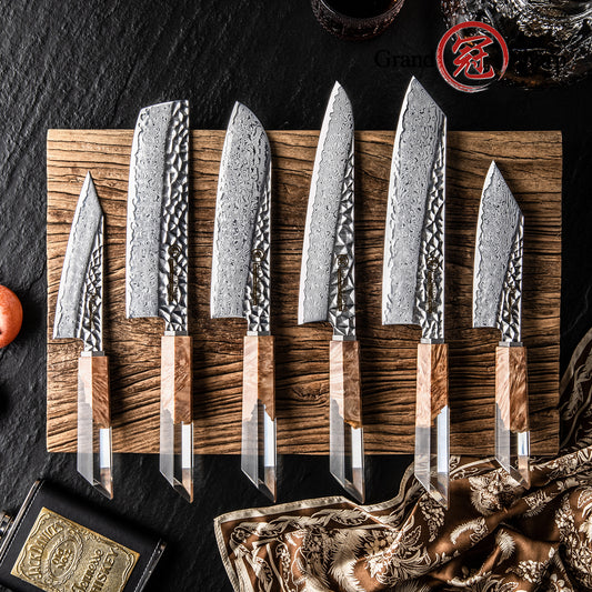 GRANDSHARP Kitchen Knife Set 1-6 Pcs 67 Layers Damascus Steel AUS10 Core Blade Transparent Resin&Wood Handle for Cooking Slicing
