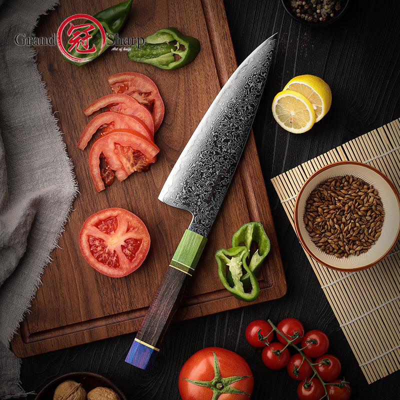 Grandsharp Professional 67 Layers Damascus Carbon Steel Kitchen Chef Knife With Octagonal Solidfied Wooden Handle