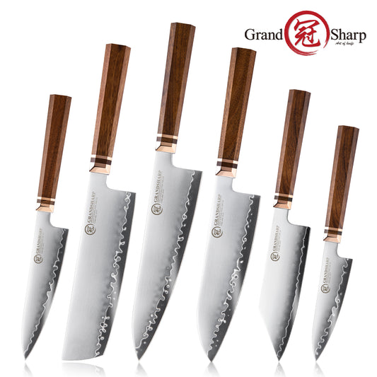 Grandsharp 1-5Pcs Kitchen Knife Set ZDP-189 Steel Core 3 Layer Composite Africa Mkuruti Wood&Brass Handle Complete Knife Set