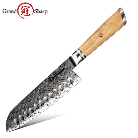 Grandsharp AUS-10 Damascus Santoku Chef Knife with Olive Wood Handle