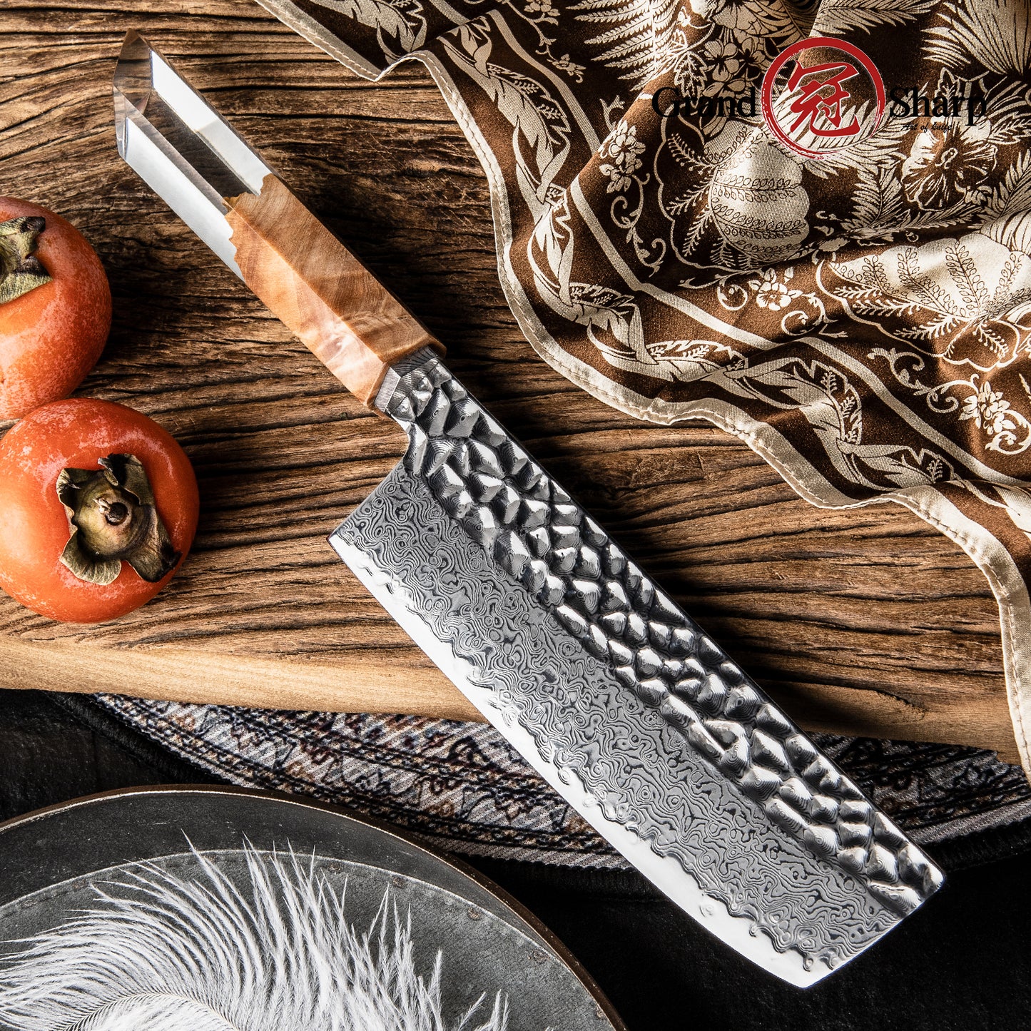 Grandsharp Original Design AUS-10 Damascus Nakiri Knife New Blade Technique
