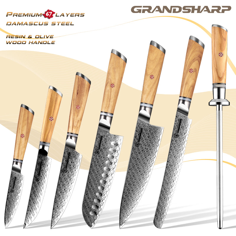 Grandsharp Damascus Steel Set Damascus AUS 10 Chef Knife Santoku Utility Paring Cleaver Kitchen Knife Collection
