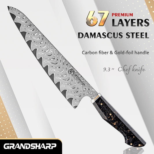 Grandsharp 9.5 Inch Damascus Steel Chef Knife with Carbon Fiber and Gold-foil Resin Handle