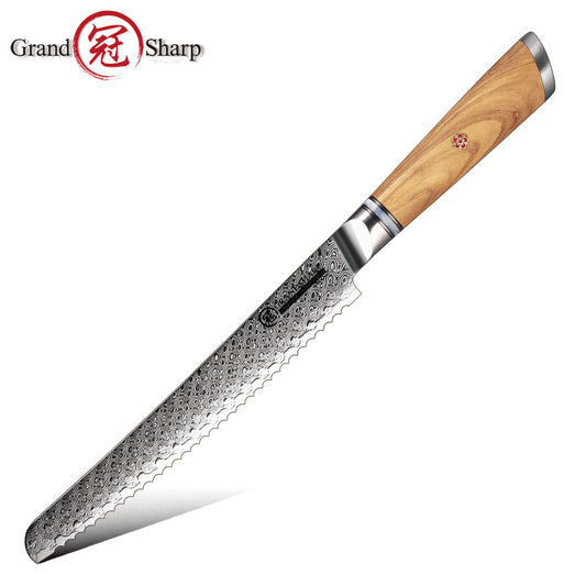 Grandsharp Custom Olive Wood Handle Damascus Bread Knife