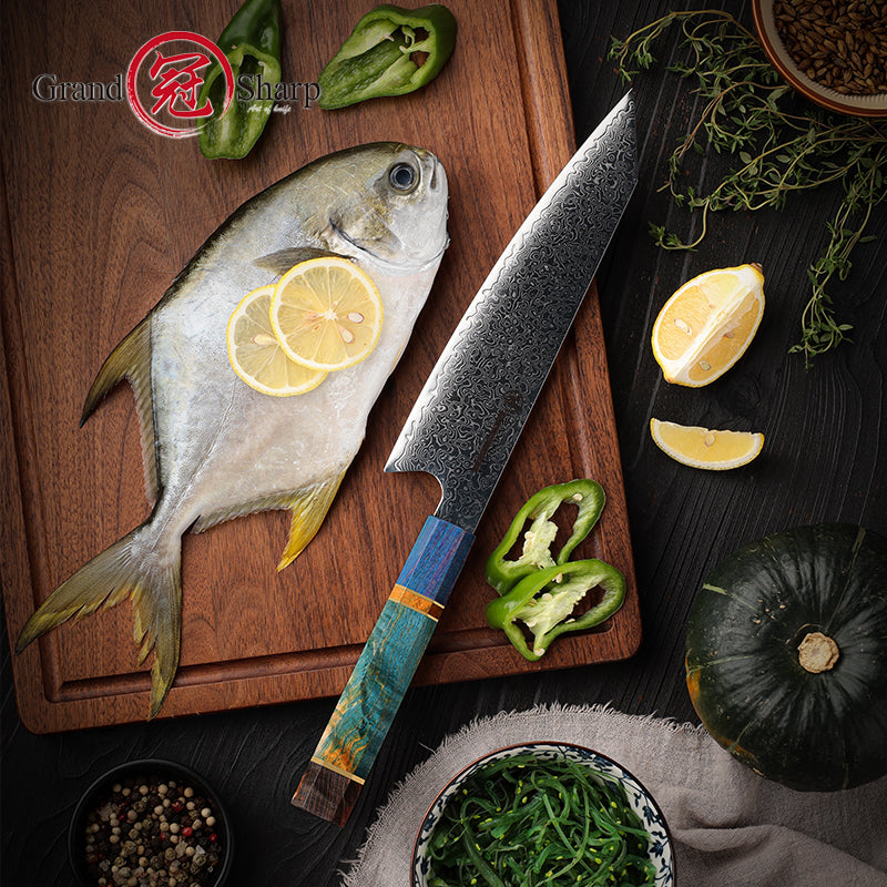 Grandsharp Professional Damascus Steel Kitchen Chef Kiritsuke Knife Home Tools Cooking with Solidified Wood Handle