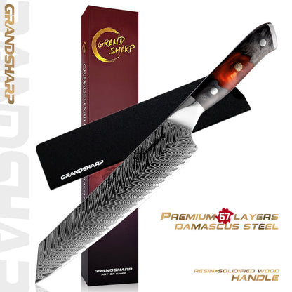 Grandsharp Solidified Wood & Red Resin Handle 67 Layers Damascus Steel 60HRC Kitchen Boning Paring Utility Messer Kitchen Knives Set