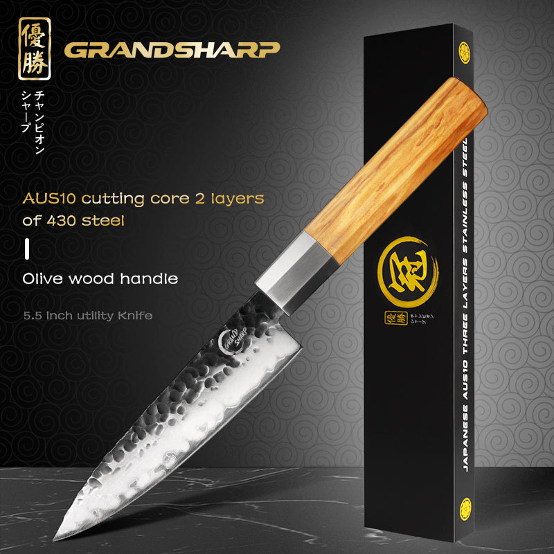 Handmade 5 Inch Utility Kitchen Knife High Carbon Stainless Steel Kitchen Chef Utility Knives with Olive Wood Handle