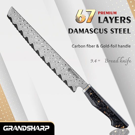 Grandsharp Damascus Steel 9.5 Inch Bread Knife 67 Layers Kitchen Bread Knives Carbon Fiber and Gold-foil Resin Handle