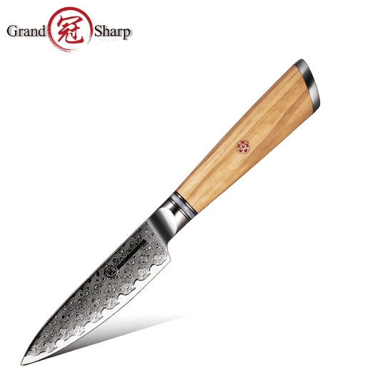 Grandsharp AUS-10 Damascus Paring Fruit Knife with Olive Wood Handle