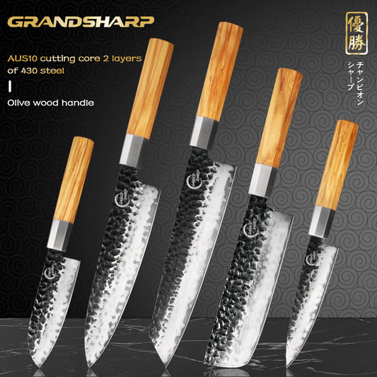 Grandsharp 5pcs Chef Knife Set AUS10 Stainless Steel Kitchen Knife With Olive Wood Handle