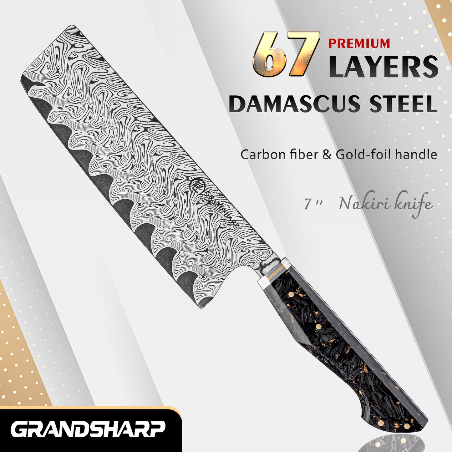Grandsharp Damascus Steel 7 Inch Nakiri Knife Carbon Fiber Gold-foil Resin Handle