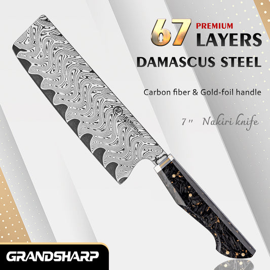 Grandsharp Damascus Steel 7 Inch Nakiri Knife Carbon Fiber Gold-foil Resin Handle