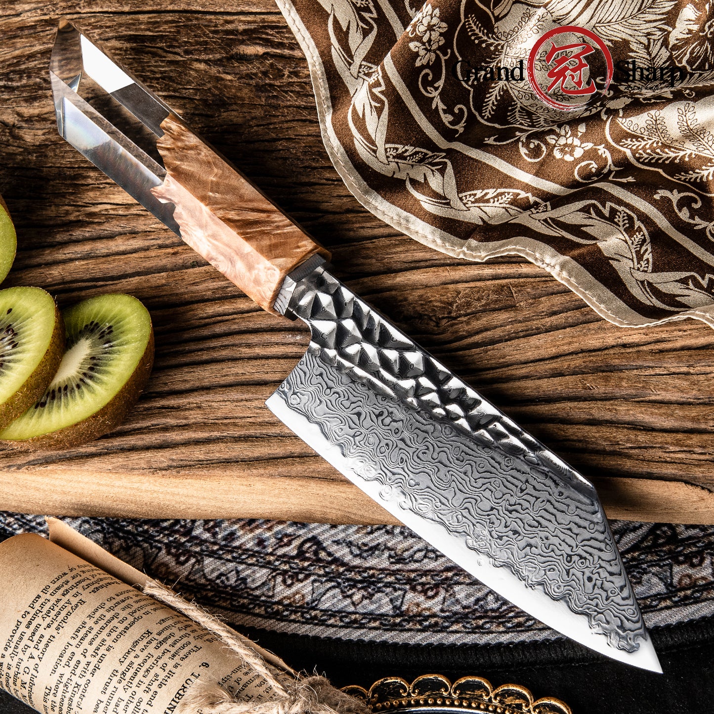 Grandsharp 5.5 Inch Japanese Bunka Knife AUS10 Core 67 Layers Damascus Steel Kitchen Bunka Knives Stabilized Wood & Resin Handle
