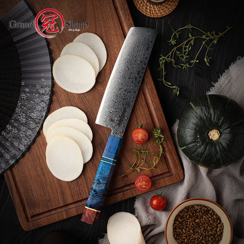Professional 67 Layers Damascus Steel Kitchen Chef Nakiri Knife With Octagonal Solidfied Wooden Handle